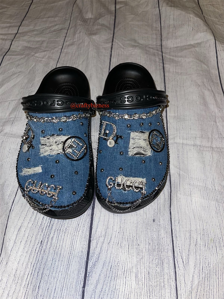 Denim Crocs silver hardware Crafty Bizness